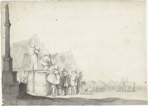 Marktplein met omroeper op een vat door Moses ter Borch (possibly)