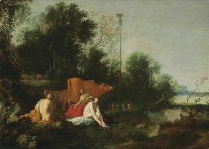 Duits: Pan und Nymphen beim Baden Landschap met sater, nimfen en vee