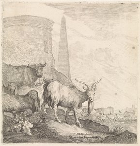 Geiten en koeien bij een ronde toren met een obelisk door Moyses van Wtenbrouck