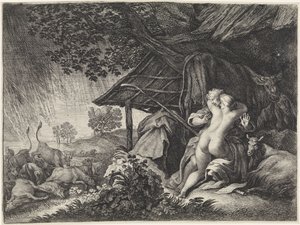 Herder en herderin schuilend voor een storm