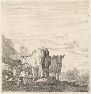 Koeien en geiten in een landschap met huizen door Moyses van Wtenbrouck