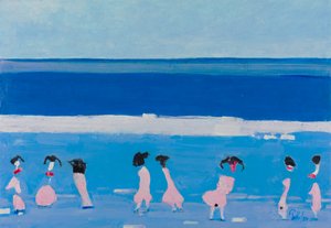Roze figuren op het blauwe strand door Mr PETTO
