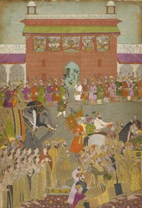 Een Processiescène met Muzikanten, uit een kopie van de Padshanama, Mughal periode, midden 17e eeuw