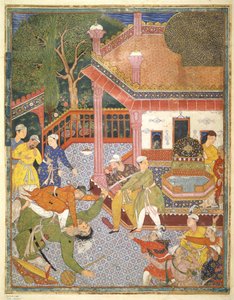 Een held doodt een reus voor een menigte toeschouwers in een binnenplaats, illustratie uit de Hamza Nama, ca. 1555-67 door Mughal School