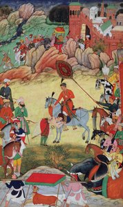 Adham Khan brengt eerbetoon aan Akbar in Sarangpur, Centraal-India, in 1560 of 1561, uit de Akbarnama, 1590-98