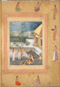 Harem nacht-badscène (recto): kalligrafie omlijst door een decoratieve rand van bloemen en vogels (verso), ca. 1650 door Mughal School
