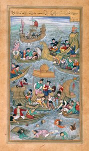 Sultan Bahadur en Rumi Khan springen in zee omringd door Portugese boten, uit de Akbarnama