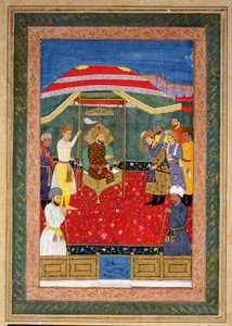 De Mughal-keizer Babur (1526-30) zittend op een troon ontvangt een prins, Johnson Album I, nr. 3 genummerd 65 door Mughal School