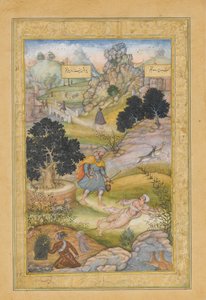 Een moslimpelgrim leert een les in vroomheid van een brahmaan, Folio uit een Khamsa...