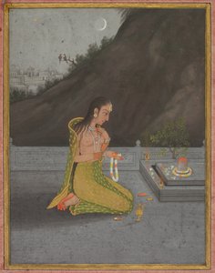 Een nachtscène van Shiva Puja, ca. 1760-70 (dekkende aquarel met goud op papier) door Muhammad Riza i Hindi