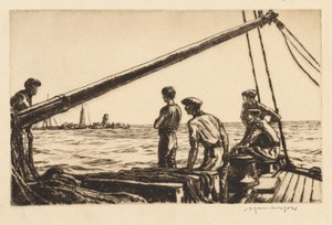 Reddingswerkers naderen een getorpedeerd schip door Muirhead Bone