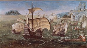 Portugese schepen aan een rotsachtige kust – 16e eeuw – kopie van het origineel uit het Greenwich Museum
