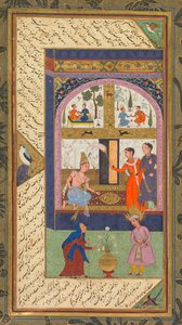 Zulaykha in haar paleis en als oude vrouw met Joseph, uit een Panj Ganj (Vijf Schatten) van Abd al-Rahman Jami; Verso: Uit een Panj Ganj van Abd al-Rahman Jami, met twee masnavis: Yusuf va Zulaykha (Joseph en Zulaykha) door Mushfiq