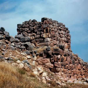 Myceense kunst: uitzicht op een van de torens van de stad Tiryns, rond 1200 v.Chr. door Mycenaean
