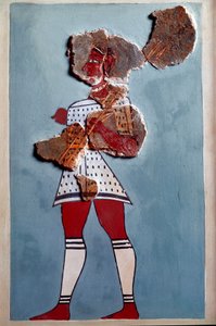 Myceense kunst: krijger. Fragment van fresco uit het paleis van Tiryns en reconstructie