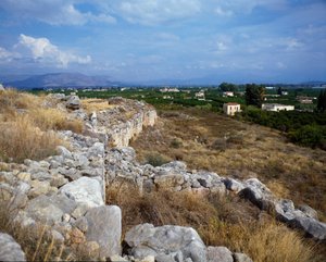 Ruïnes van de vesting van de citadel: locatie van de oude stad Tiryns, rond 1200 v.Chr. Griekenland door Mycenaean