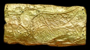 Bladgouden hoes voor glazen vaasvormige plaquette door Mycenaean