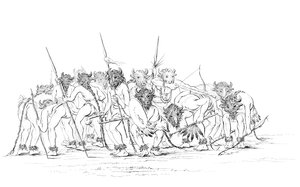Inheemse Amerikaanse jagers dansen met buffelmaskers, 1841