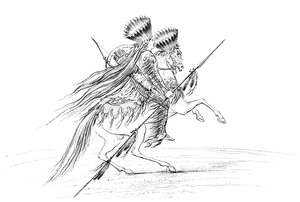 Inheemse Amerikaanse man met wapens en hoofdtooi, te paard, 1841 door Myers and Co