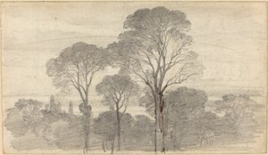 Een Avondlandschap met Hoge Bomen door Myles Birket Foster