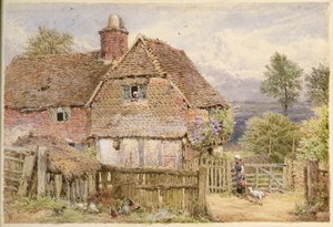Meisje met een Lam bij Boerderij door Myles Birket Foster
