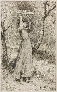 Jong meisje in een boomgaard met een mand fruit door Myles Birket Foster