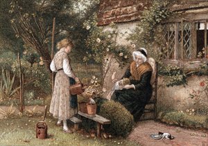 Jeugd en leeftijd. Chromolithografie naar een schilderij van Myles Birkett Foster (1825-1899), Engelse kunstenaar, gepubliceerd Londen 1866. Grootmoeder met kanten kapje zittend in cottage tuin met twee kleinkinderen. Het meisje gebruikt gieter om plant in door Myles Birket Foster