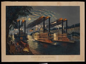 Een race voor de bokhoorns op de Mississippi door N. and Ives J.M. (1824 95) Currier