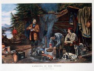 Kamperen in het bos "Een goede tijd komt". Door Arthur Tait (Currier & Ives)