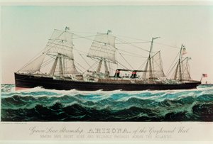 Guion Line stoomschip Arizona van de Greyhound vloot, maakt veilige, korte, zekere en betrouwbare overtochten over de Atlantische Oceaan ... (gekleurde druk) door N. and Ives J.M. (1824-95) Currier