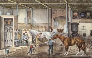 Modelstal waar jongens en stalknechten echt voor paarden zorgen, gravure uit boek "America" door Currier en Yves 1870