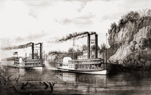Stoomschepen racen op de Mississippi-rivier, VS