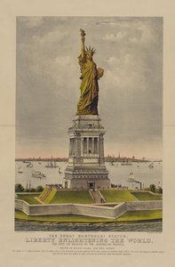 Het Grote Bartholdi Standbeeld, Vrijheid Verlicht de Wereld, Het Geschenk van Frankrijk aan het Amerikaanse Volk, c.1885 (chromolithografie)