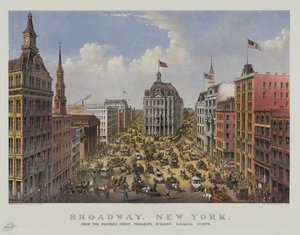 Broadway, New York vanaf het Western Union telegraafgebouw naar het noorden kijkend door Currier and Ives