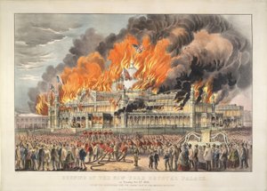 Brand van het New York Crystal Palace op dinsdag 5 oktober 1858 door Currier and Ives
