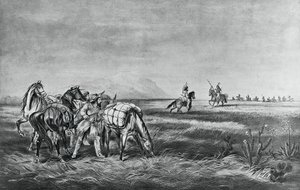 Vrede of oorlog, ontmoeting tussen de Indianen en blanke jagers, uitgegeven door Colin Simkin door Currier and Ives