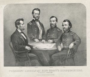 President Lincoln bij het hoofdkwartier van Genl. Grant, ca. 1865 (lithografie) door Currier and Ives