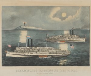 Stoomschepen passeren om middernacht op Long Island Sound door Currier and Ives