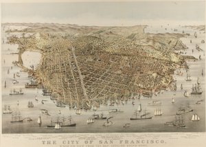 De stad San Francisco - Vogelperspectief vanaf de baai, kijkend naar het zuidwesten door Currier and Ives