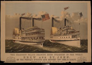 De Grootste Paleis Teken Kamer Stoomschepen ter Wereld, Drew en St John van de Peoples Evening Line tussen New York & Albany door N. and Ives J.M. (1824 95) Currier