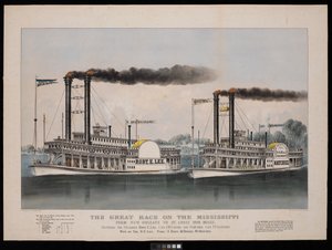 De grote race op de Mississippi van New Orleans naar St. Louis 1210 mijl. Tussen de stoomschepen Robt. E. Lee... en Natchez... Gewonnen door R.E. Lee
