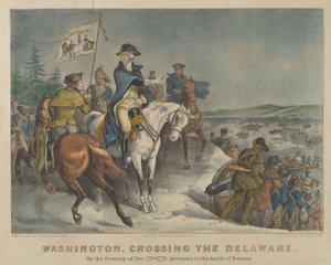 Washington steekt de Delaware over op de avond van 25 december 1776, voorafgaand aan de Slag bij Trenton door Currier and Ives