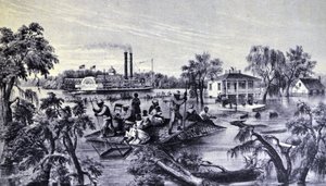 Hoog Water in de Mississippi door N. and Ives, J.M. Currier