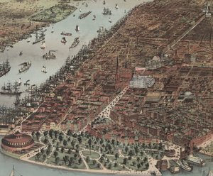 De Stad New York (detail), 1883 door N. and Ives, J.M. Currier