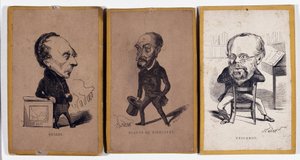 3 Karikatuurportretten: François Pierre Guillaume Guizot (1787-1874), Franse historicus en politicus, Charles Jean-Baptiste (Jean Baptiste) Jacquot alias Eugène de Mirecourt (1812-1880), Franse journalist en schrijver, en Pierre-Joseph Proudhon