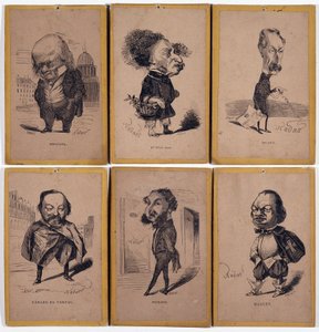 6 Karikatuurportretten: Pierre Jean de Béranger (1780-1857) Franse liedjesschrijver, Alexandre Dumas fils (1824-1895), Louis Adrien Huart (1813-1865) Franse journalist, schrijver en theaterdirecteur, Gérard de Nerval (1808-1855), Franse schrijver, Charles 