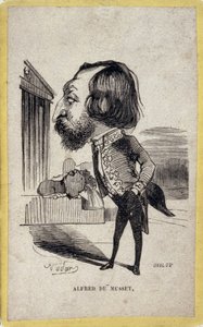 Portret-karikatuur van Alfred de Musset, Franse dichter en toneelschrijver. Cartoon door Felix Nadar. door Nadar