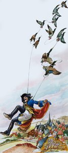 Baron van Munchausen wordt meegesleept door eenden (gouache op papier)