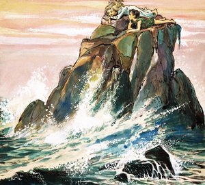 Peter Pan en Wendy Darling op een rots, illustratie uit 