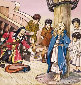 Wendy vastgebonden aan de mast, illustratie uit 